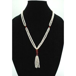 Vintage Pearl & Garnet Tassel Lariat Necklace With Elegant Multi Strand Design